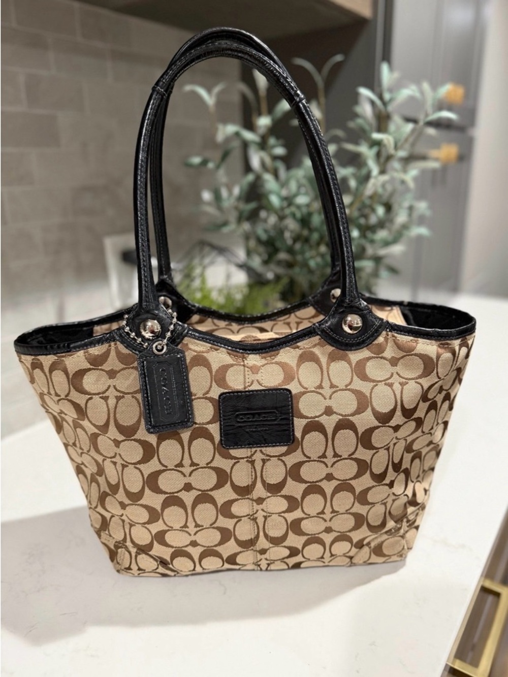 Coach Khaki and Black Signature Canvas Tote